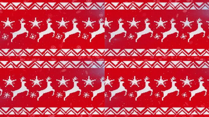 雪花落在驯鹿圣诞传统图案上的红色背景上的无缝图案