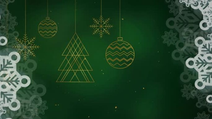 落在绿色背景上的圣诞树装饰动画