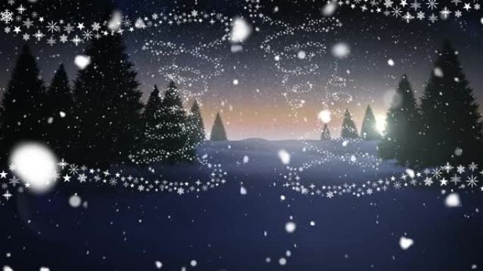 积雪落在星星上，形成了针对冬季景观的圣诞树