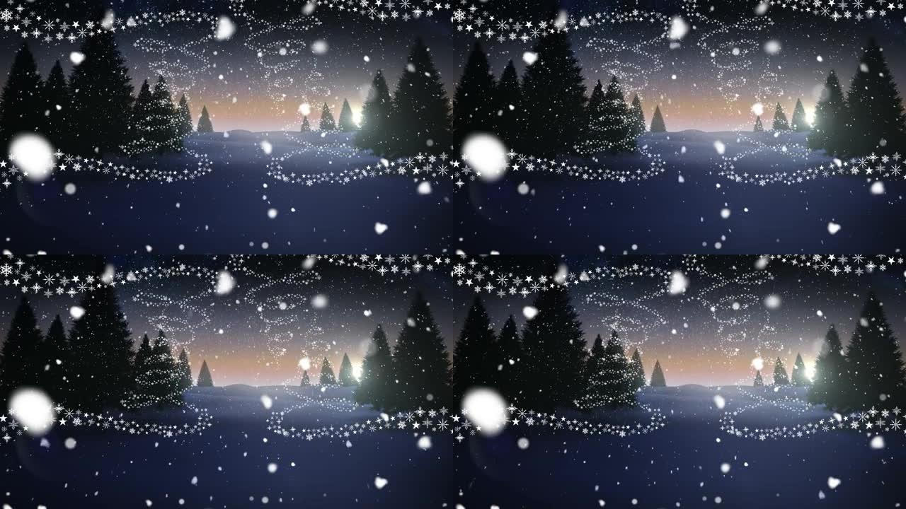 积雪落在星星上，形成了针对冬季景观的圣诞树