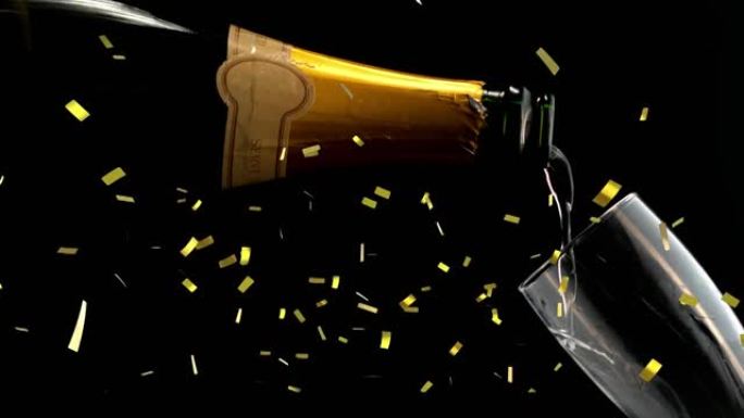 金色五彩纸屑在香槟上的动画在黑色背景上倒入玻璃中