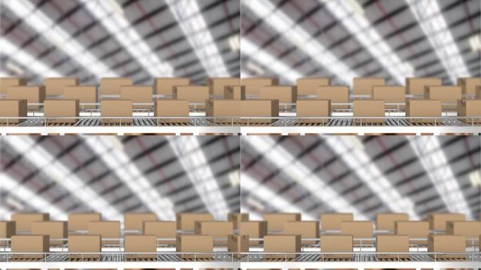 纸板箱在仓库上方传送带上移动的动画
