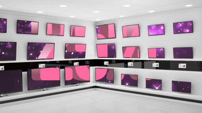 商店显示中的多台平板电视上的25% 文字和粉红色烟花动画