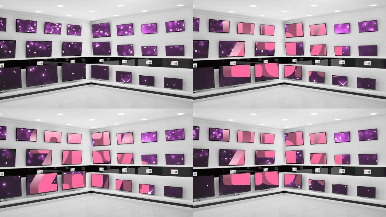 商店显示中的多台平板电视上的25% 文字和粉红色烟花动画