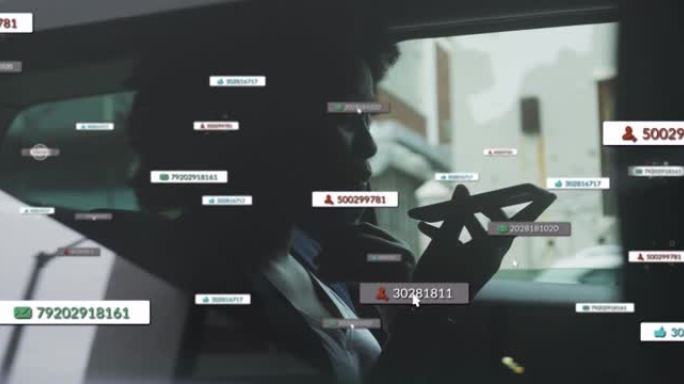 在汽车上使用手机的非裔美国妇女戴着口罩的社交媒体通知动画