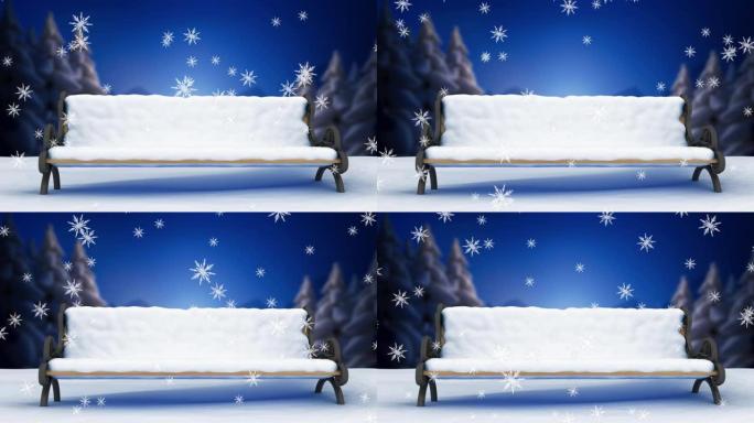 雪落在长凳上的动画和冬季景观