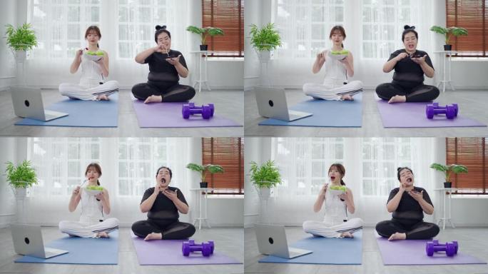 穿着运动服的漂亮和胖女人正在选择自己喜欢的食物，饮食和运动选择。