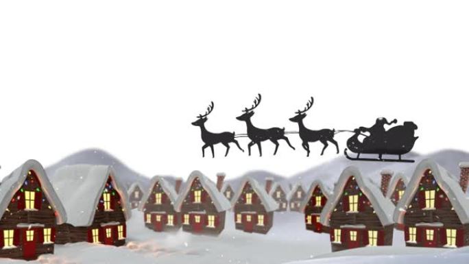 雪橇上的圣诞老人被驯鹿拉着，以防冬天的积雪落在房屋上