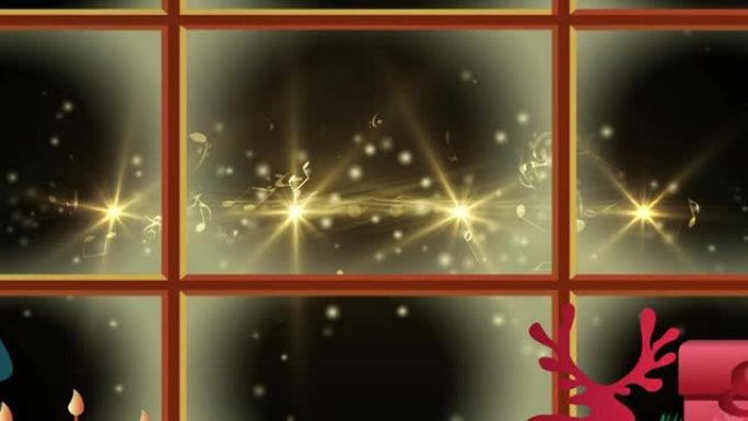 圣诞概念图标和黑色背景上金色光斑的窗框