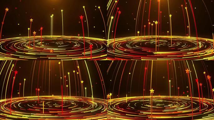 抽象运动红色金色闪亮地板圆盘空间由虚线旋转，星形曲线和闪光粒子飞起来