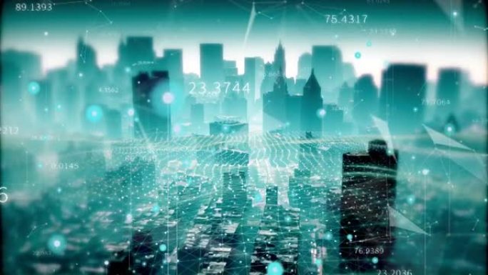 4k智慧城市和通信网络概念。5g。IoT (物联网)。电信。数字的流动计数器，股票市场，金融股票图表