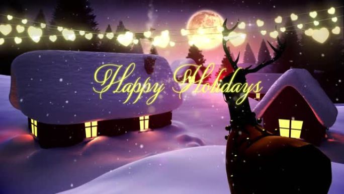 圣诞老人雪橇和圣诞节问候的动画以及冬季景观的灯光