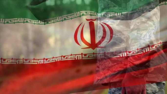伊朗国旗在高加索男子士兵上的动画