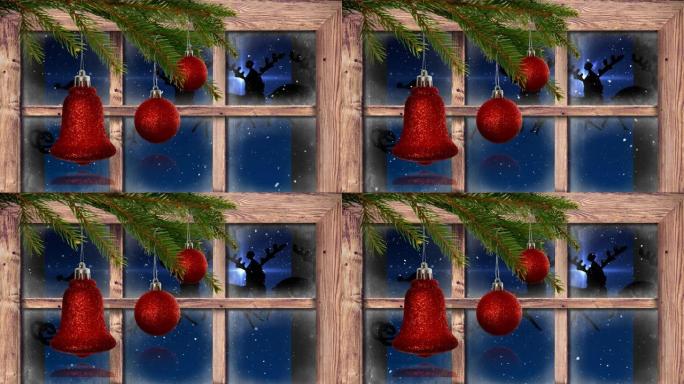圣诞老人和雪橇在圣诞节装饰和窗户上落下的动画