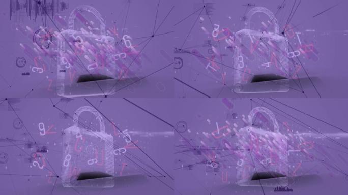 紫色背景上连接网络上的挂锁动画