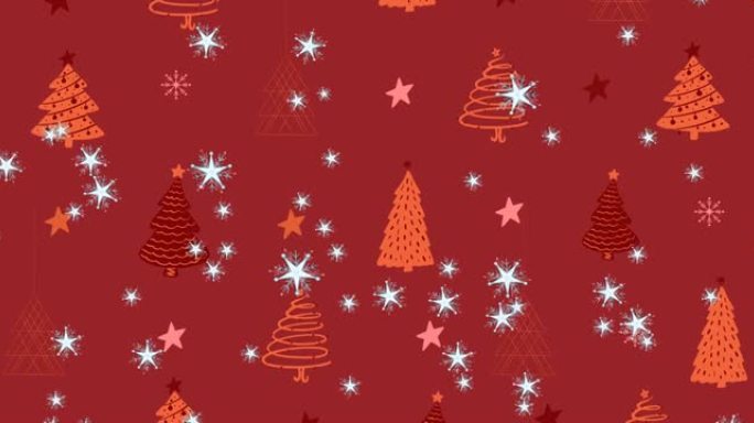 多个星星图标落在多个星星和红色背景上的圣诞树图标上