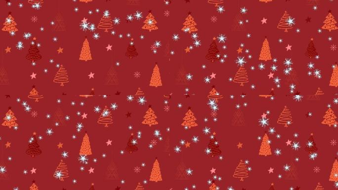 多个星星图标落在多个星星和红色背景上的圣诞树图标上
