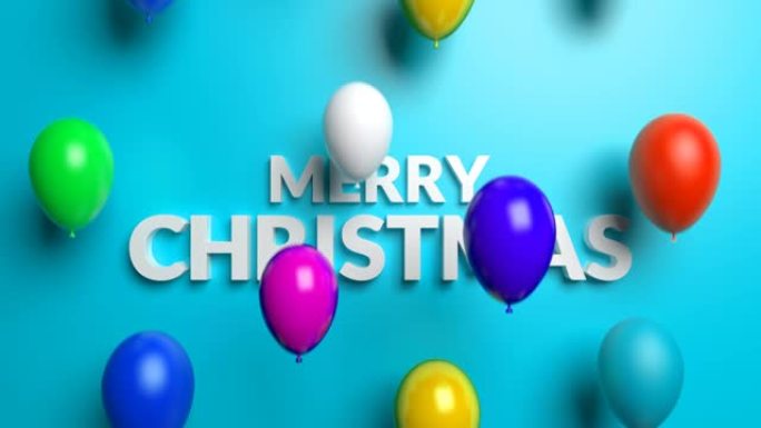 圣诞快乐概念，蓝色背景上飞行彩色气球。循环3D动画