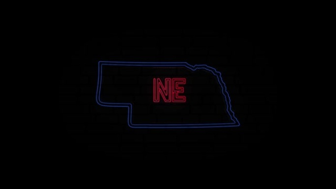 发光的霓虹灯线内布拉斯加州字母孤立在黑色背景。美国。动画地图显示从美国的内布拉斯加州