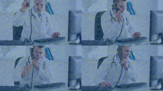 男性医生使用计算机在智能手机上聊天的数字屏幕动画