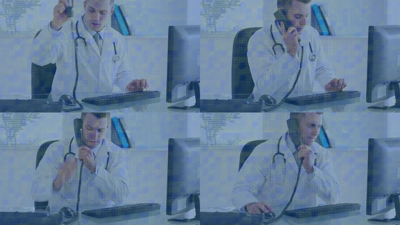男性医生使用计算机在智能手机上聊天的数字屏幕动画