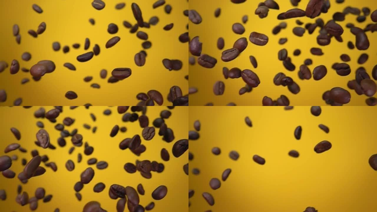 烤阿拉比卡咖啡豆在黄底斜飞