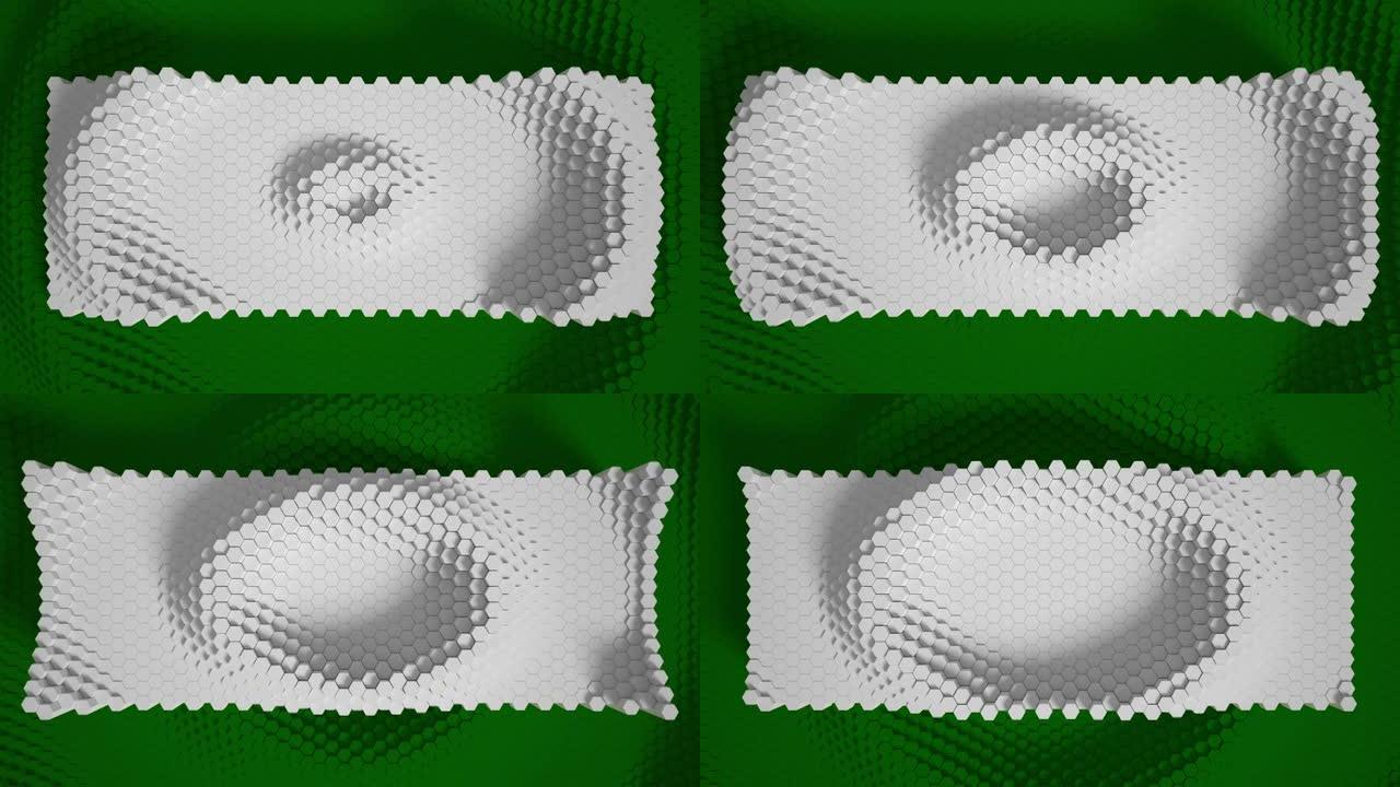 带有移动六边形的白色和绿色马赛克表面。细胞。波。4k周期。商业演示和社交网络的动画。
