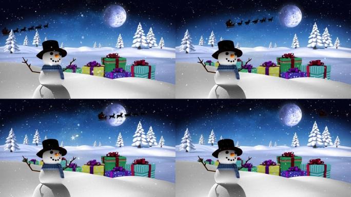 雪人，礼物和圣诞老人在雪橇上的动画与驯鹿在冬季景观