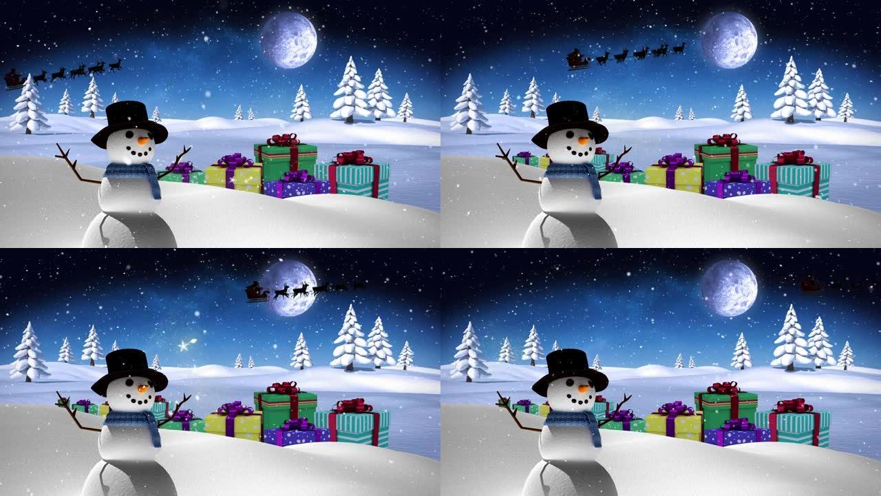 雪人，礼物和圣诞老人在雪橇上的动画与驯鹿在冬季景观