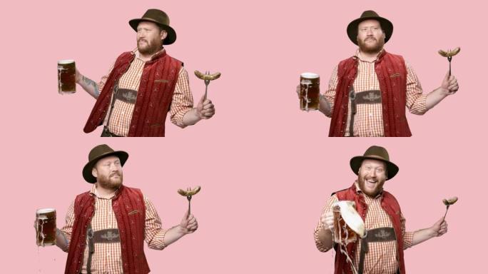 好时光。啤酒节-戴着帽子的年轻快乐唱歌的人，穿着传统的巴伐利亚服装，啤酒和香肠在节日的色彩背景上。现