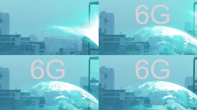 6g文本和旋转的地球仪，反对城市景观的鸟瞰图