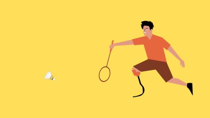 尤伯杯羽毛球运动与男孩做跳跃扣球和黄色背景
