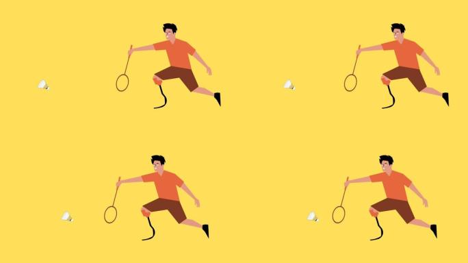 尤伯杯羽毛球运动与男孩做跳跃扣球和黄色背景