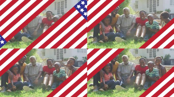 坐在花园里的微笑家庭上的美国国旗动画