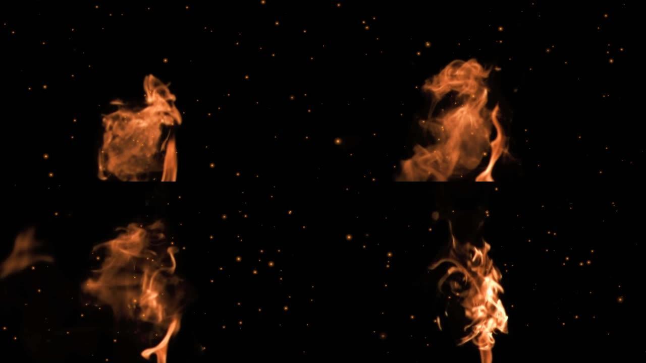 黑色背景上燃烧的火焰上的火花动画