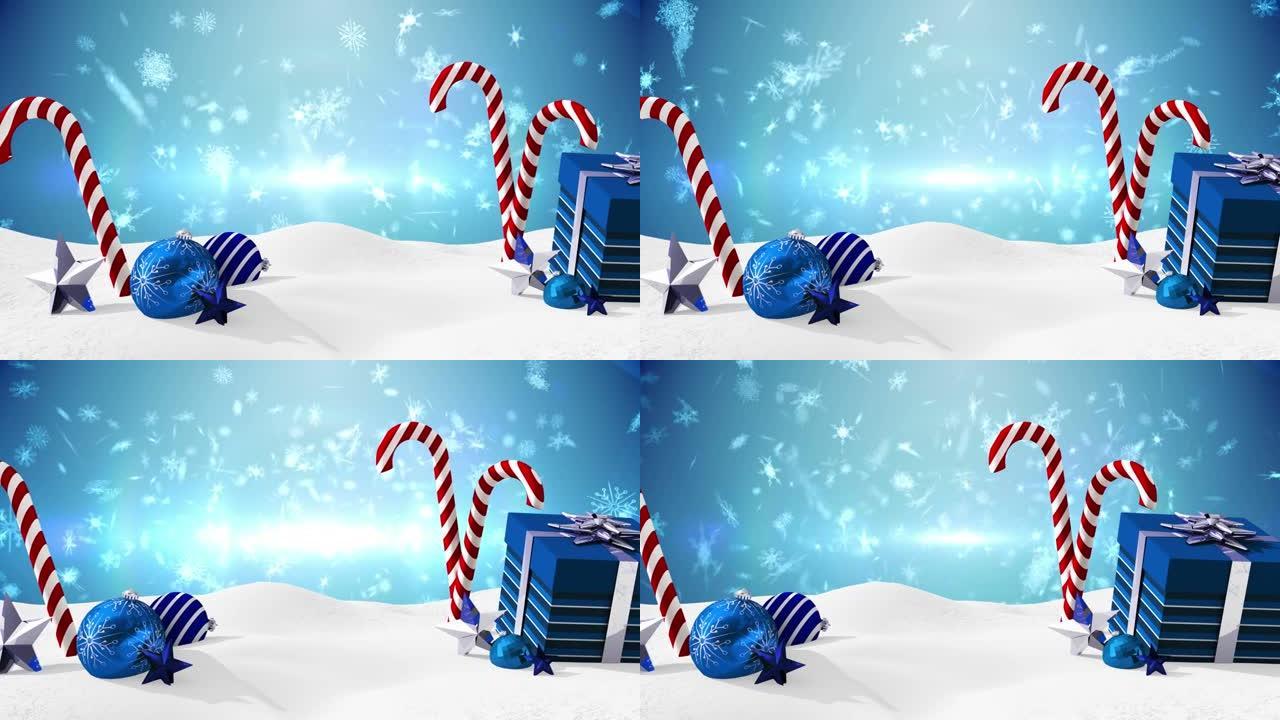 圣诞节糖果上的雪花飘落并呈现在蓝色背景上的动画