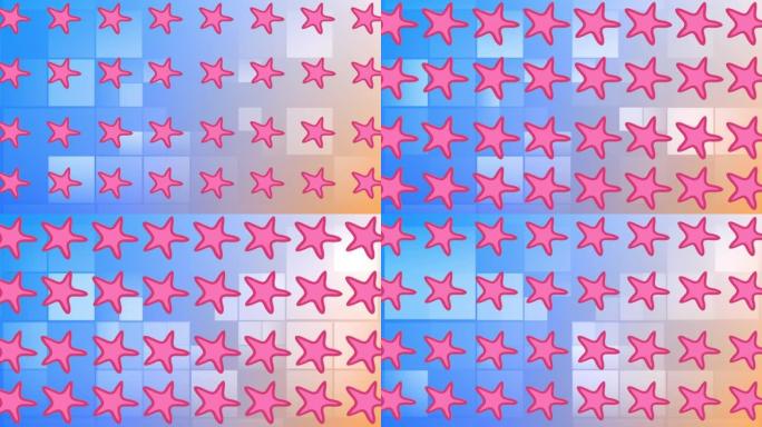 彩色方块上的多个粉红色海星的动画