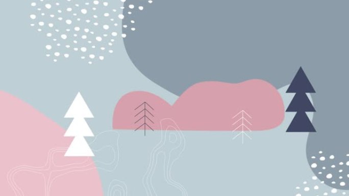 灰色背景下的圣诞树，地形和抽象形状的数字动画
