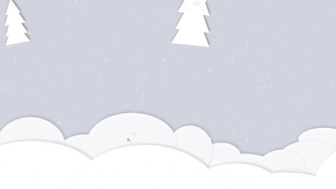 白色冬季背景上的圣诞树，雪人和雪花在森林中的圣诞节下雪场景的动画。