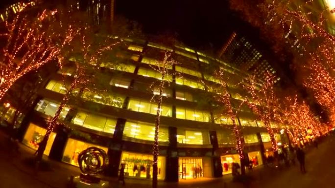 环顾圣诞灯火通明的购物街。东京丸之内。动作相机拍摄