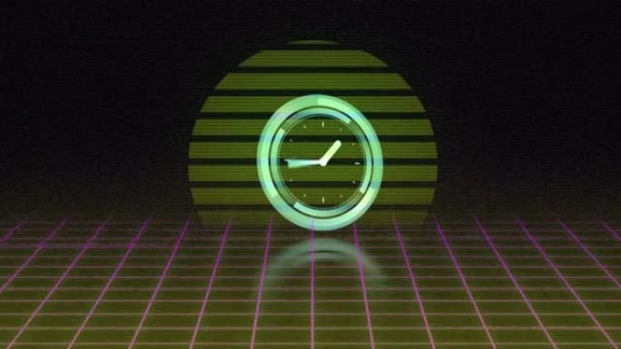 在黑色背景上移动的粉红色网格和旭日上的数据加载时钟的动画
