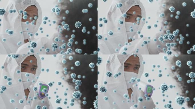 混合种族医生冠状病毒细胞的动画用面罩取温