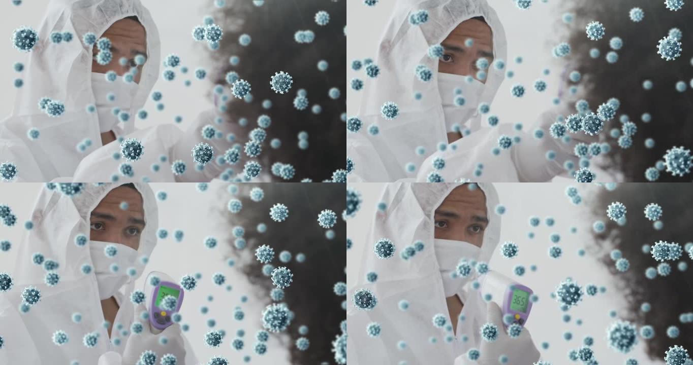 混合种族医生冠状病毒细胞的动画用面罩取温