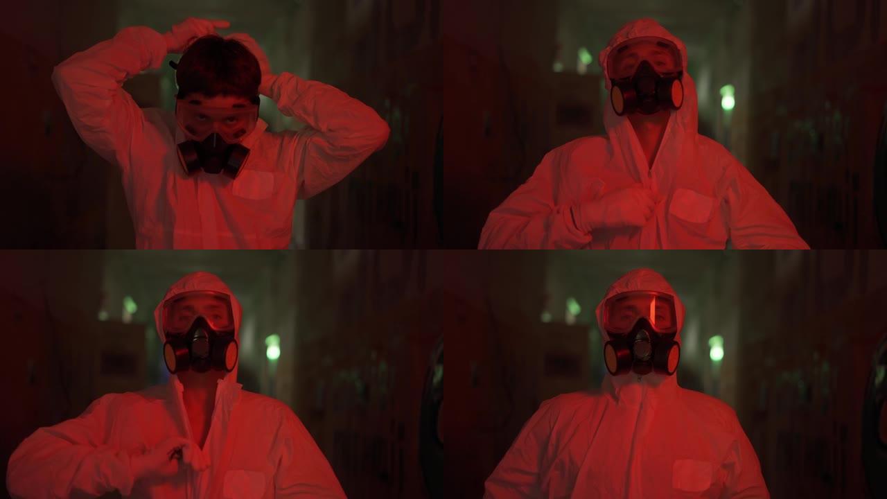 红烟工人将呼吸器和保护罩戴在脸上