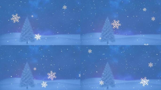 冬季杉树景观背景下飘雪的动画