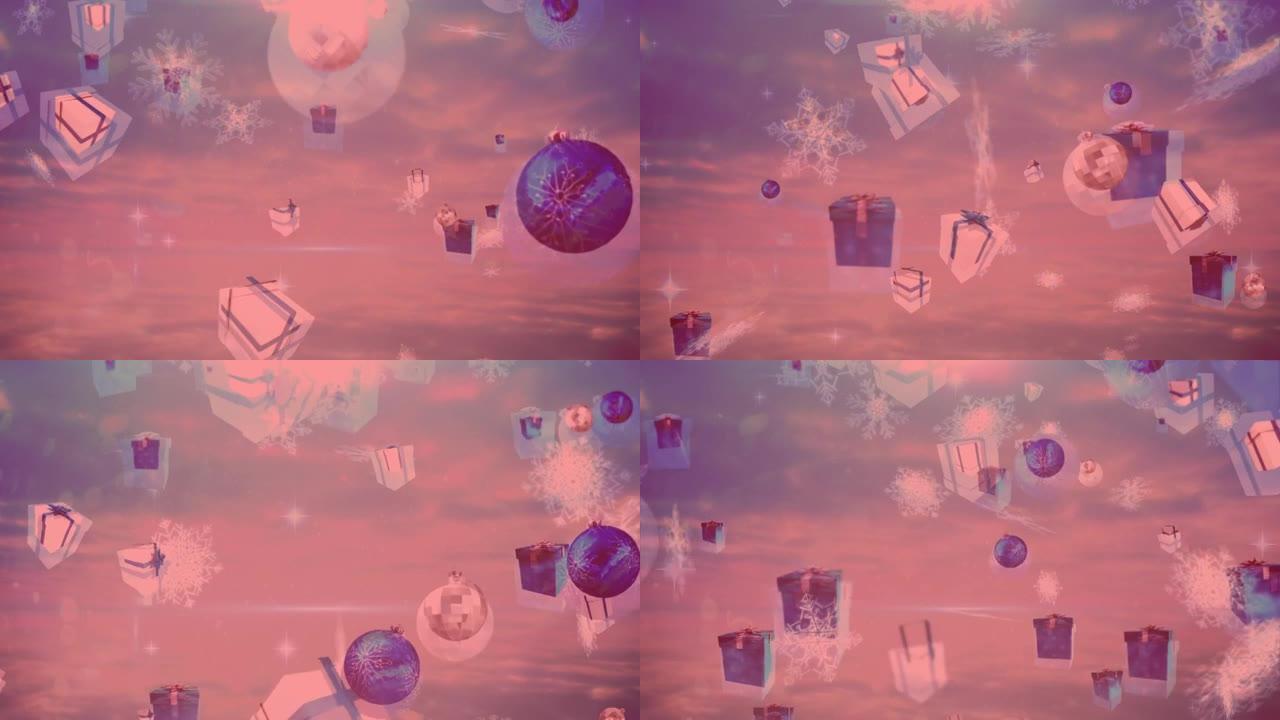 带有红色滤镜的圣诞节礼物，球和雪落在背景上的动画