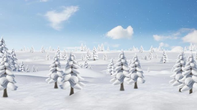 雪落在冬季景观上的多棵树上，蓝天上的云层
