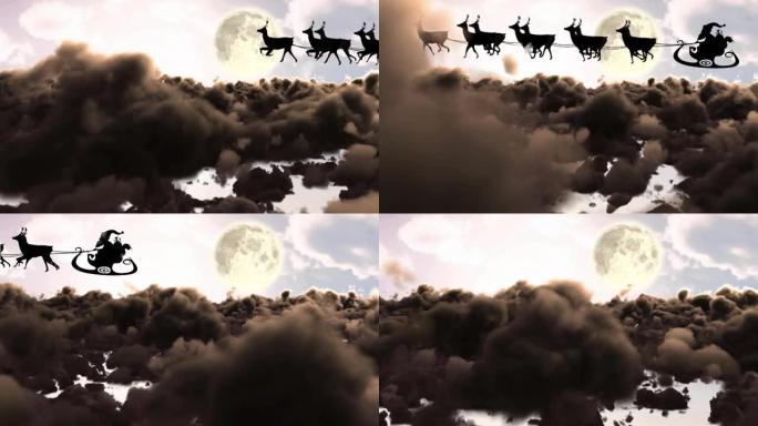 圣诞老人在雪橇上的动画与驯鹿在云和月亮上