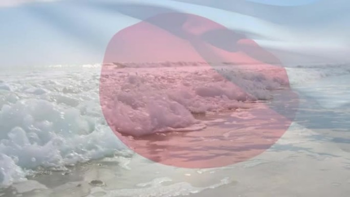日本国旗的数字构图在海中挥舞着鸟瞰图