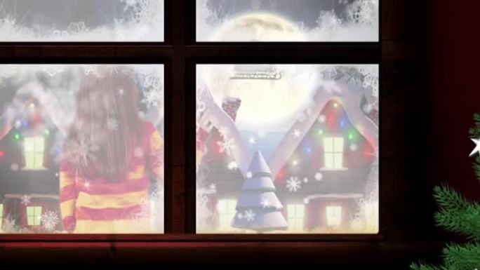 女孩挥舞的冬季风景动画和驯鹿雪橇中的圣诞老人